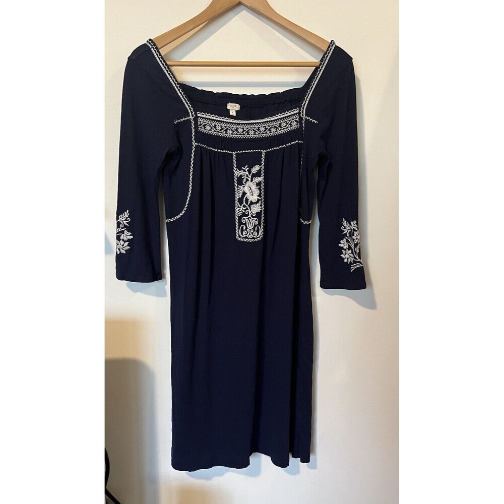 J Crew Navy Embroidered Square Neck Long Sleeve Boho Midi Dress Size Small